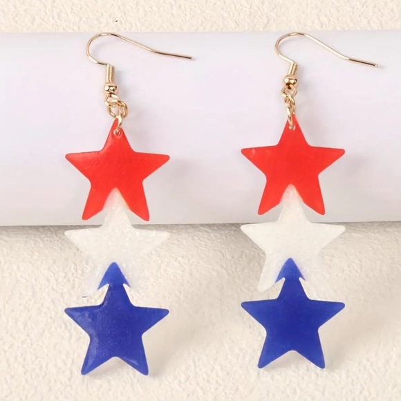 Bold large USA flag colors triple star dangle earrings gold tone for women nwt - Picture 3 of 4